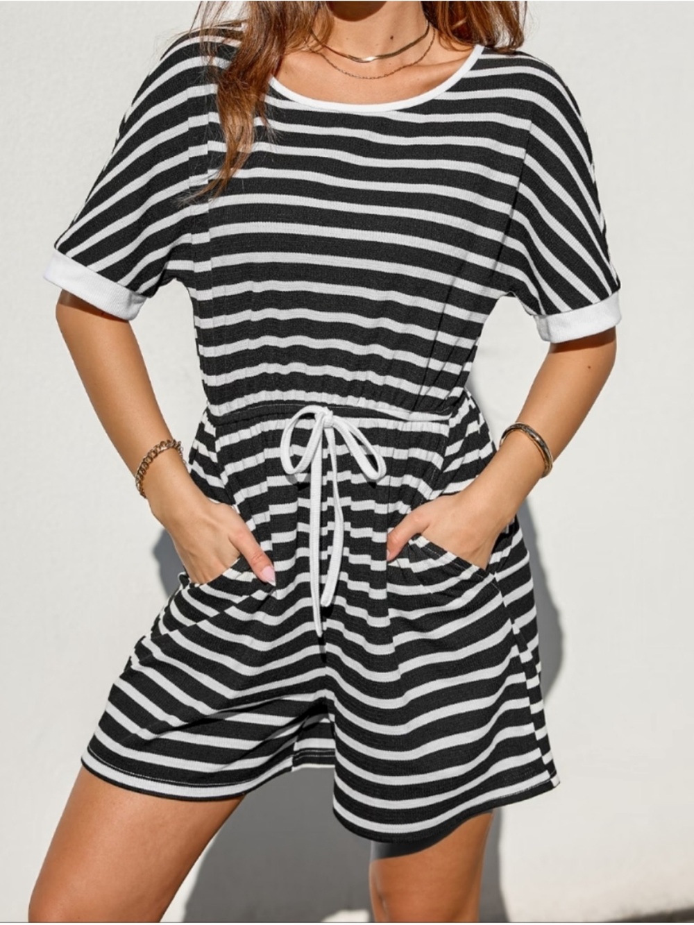 Cupshe Black and White Striped Short Sleeve Romper